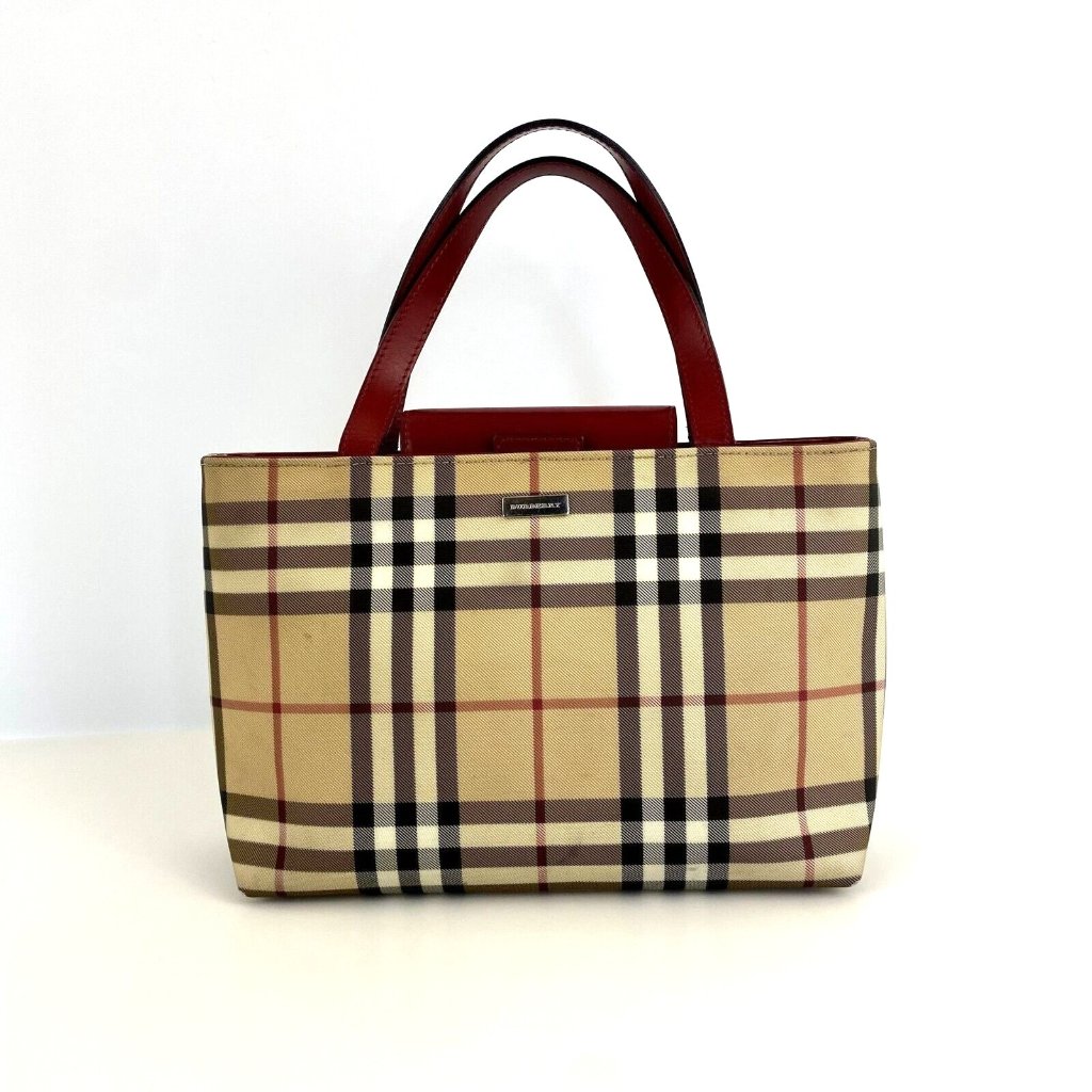 Sale.Burberry T-02-1 Handbag Small Tote Nova Check With Red Leather Straps,